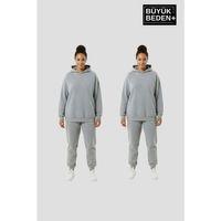 Kadın Büyük Beden 2  li Set Kapşonlu Kollar Ve Etek Ribanalı ince Swatshırt SPR26BSWK957+2