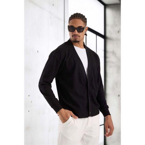 Potter Dokulu Selanik Kumaş Oversize Basic 3 Düğmeli Erkek Hırka - Siyah