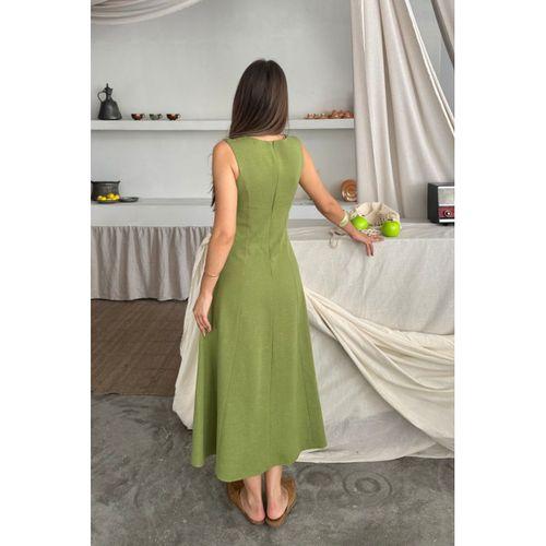 KETEN KOLSUZ KARE YAKA DÜĞME DETAYLI ELBİSE - Yağ Yeşili