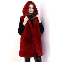 Kapşonlu Peluş Kürk Yelek Premium Kalite, Tam Astarlı, Uzun Model - Kırmızı