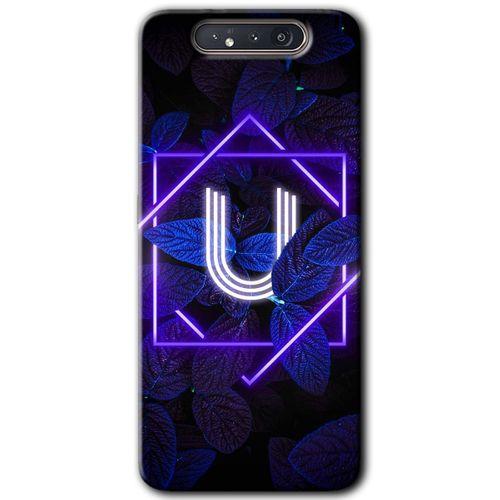 Galaxy A80 Kılıf HD Desen Baskılı Arka Kapak - Dark Neon Yaprak U Harfi + Kırılmaz Cam