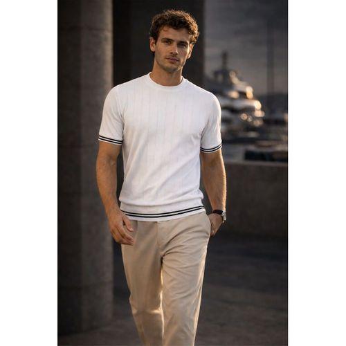 Dale Kolları Şeritli Bisiklet Yaka İnce Triko Örme Regular Fit Erkek T-Shirt - Ekru