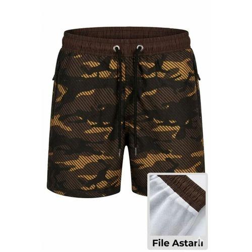 Deniz Şortu Fermuarlı Cepli File Astarlı Hızlı Kuruyan Premium - Kahverengi