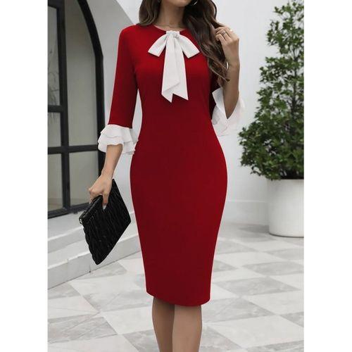 Kadın Truvakar Kollu Fiyonk Yakalı Midi Ithal Krep Elbise