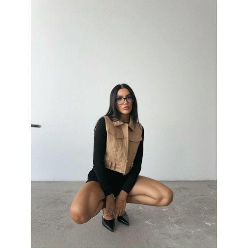 DERİ CROP YELEK - Bej