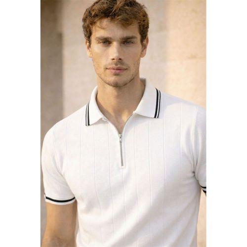 Jared Yakası Şeritli Dik Çizgili Yarım Fermuar İnce Triko Erkek T-Shirt - Beyaz