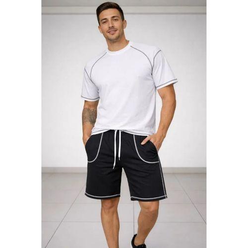 Erkek Spor Tişört Şort Takım Kontrast Dikiş Detaylı Ovarsize Rahat Kalıp - Beyaz
