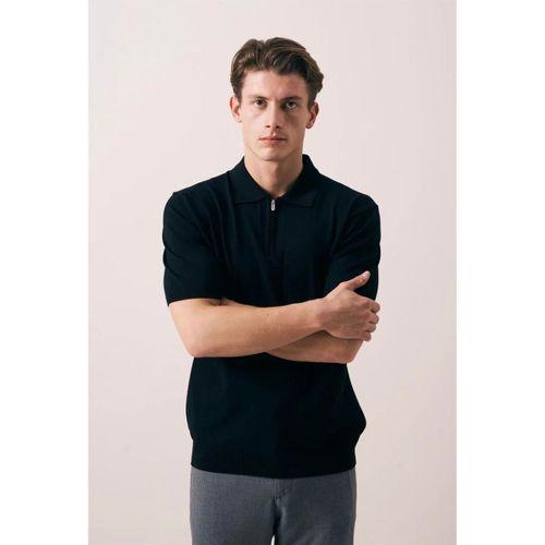 Ritchie Fermuarlı Polo Yaka Dikey Çizgili Kısa Kollu İnce Triko Erkek T-Shirt - Siyah