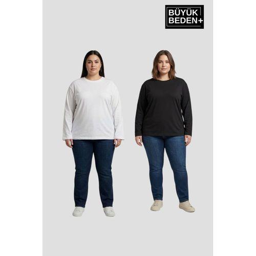 Kadın Büyük Beden 2 li Set Uzun Kollu 2 İplik Bisiklet Yaka Tişört SPR26BEA942+2