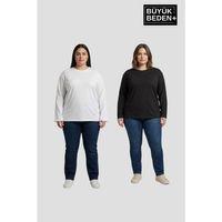 Kadın Büyük Beden 2 li Set Uzun Kollu 2 İplik Bisiklet Yaka Tişört SPR26BEA942+2