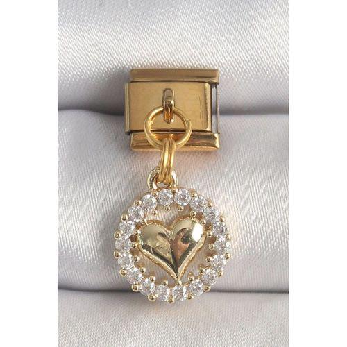 316L Çelik Gold Renk Sallantı Zirkon Taşlı Kalp Model Nomination Charm