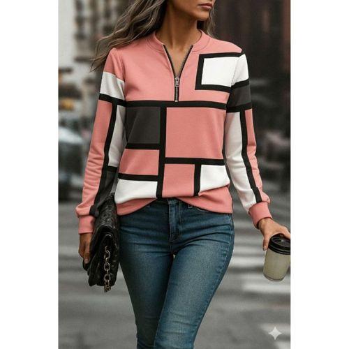 Kadın Uzun Kollu Yakadan Fermuarlı Desenli şardonlu Dalgıç Bluz