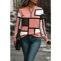 Kadın Uzun Kollu Yakadan Fermuarlı Desenli şardonlu Dalgıç Bluz