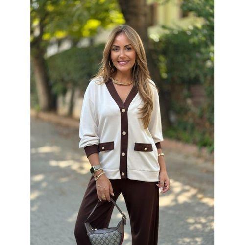 Kadın Uzun Kollu Ribanali Cep Detay Hırka Ve Bol Paça Pantolon Ikili Takım