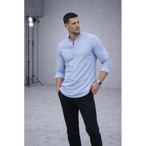 Hafif ve Nefes Alabilir Erkek Müslin Yarım Pat Hakim Yaka Oversize Gömlek - Buz Mavi