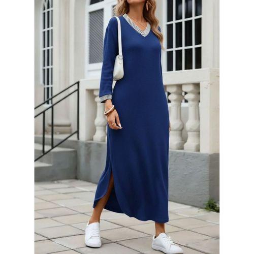 Kadın Uzun Kollu V Yakalı Yanlardan Yırtmaçlı Uzun Viskon Iki Iplik Elbise
