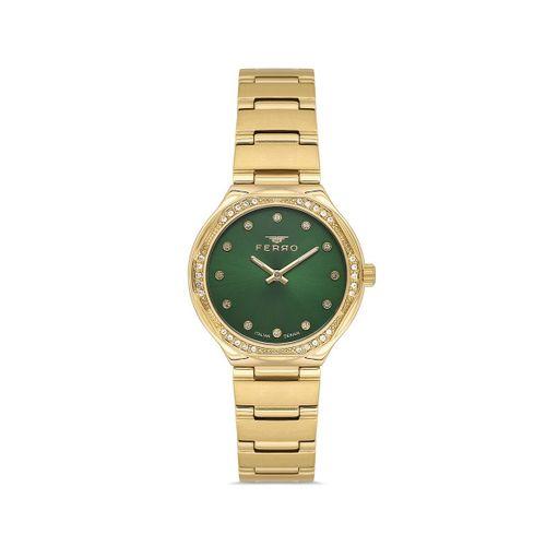 Ferro FL40140A-B6 Quartz Çelik Altın Rengi Yeşil Kadran 31 mm Kadın Kol Saati