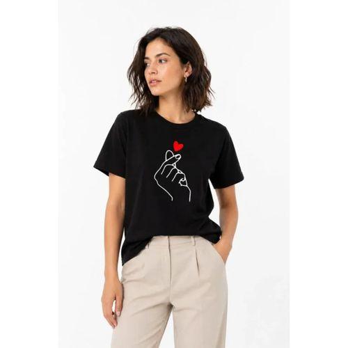 Kore Parmak Kalp Aşk Temalı Minimal Baskılı Tişört Yazlık Kısa Kol T-Shirt - Siyah