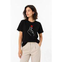 Kore Parmak Kalp Aşk Temalı Minimal Baskılı Tişört Yazlık Kısa Kol T-Shirt - Siyah