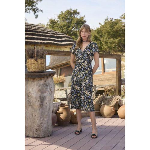 %100 Viskon Desenli Önden Düğmeli Elbise