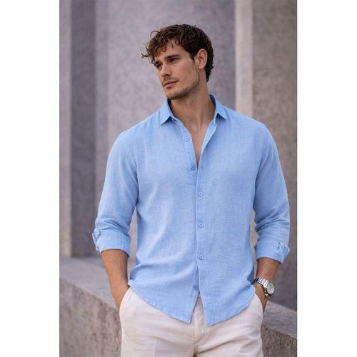 Nefes Alabilir Yarım Oversize Müslin Kumaş Uzun Kol Yakalı Erkek Gömlek - Buz Mavi