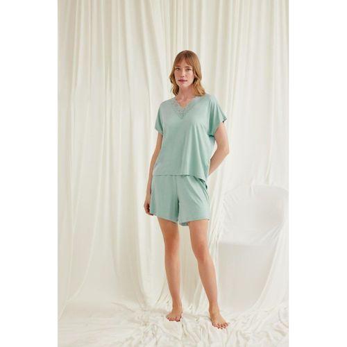 Kısa Kollu Dantelli V Yaka Viskon Şort Takımı