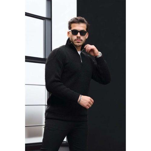 Oversize Selanik Örgü Yarım Fermuar Erkek Triko Kazak - Siyah