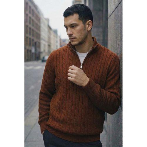 Bardem Saç Örgülü Yarım Fermuar Erkek Triko Kazak - Kahve