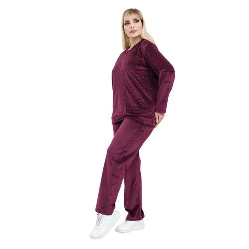 Melsay Butik Parlak Kadife Bordo Yarım Garni Taşlı Kadın Eşofman Takımı