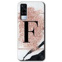Vivo Y31 2021 Kılıf HD Desen Baskılı Arka Kapak - Pembe Mermer Desenli F Harfi + Kırılmaz Cam