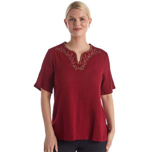 Şile Bezi Kısa Kol Bordo Nakışlı V Yaka Yazlık Otantik Bluz
