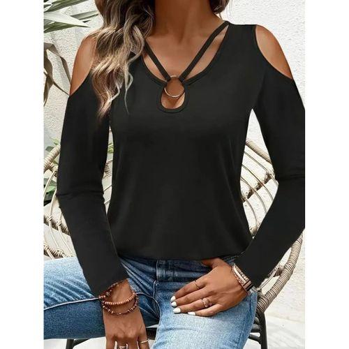 Kadın Omuzlardan Açık Uzun Kollu Yakadan Halka şerit Detaylı Viskon Bluz