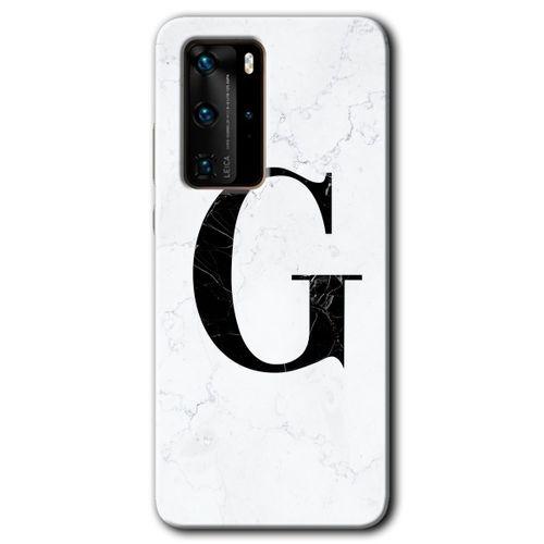 MRCİLETİSİM Huawei P40 Pro Kılıf HD Desen Baskılı Arka Kapak + Temperli Cam - Beyaz Mermer Desenli G Harfi