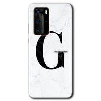MRCİLETİSİM Huawei P40 Pro Kılıf HD Desen Baskılı Arka Kapak + Temperli Cam - Beyaz Mermer Desenli G Harfi