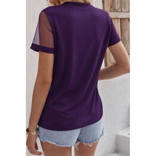 Kadın Kısa Kollu Tül Detaylı Taşlı Janjan Krep Bluz