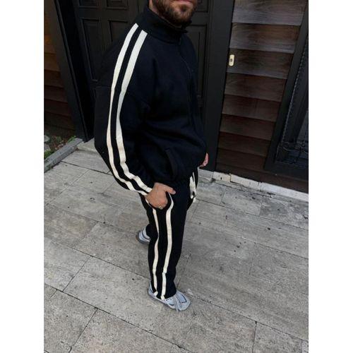 Erkek Çift Şeritli Eşofman Takım Dik Yaka Fermuarlı Sweatshirt Boru Paça Alt, Oversize 3 Iplik Pamuklu - Siyah