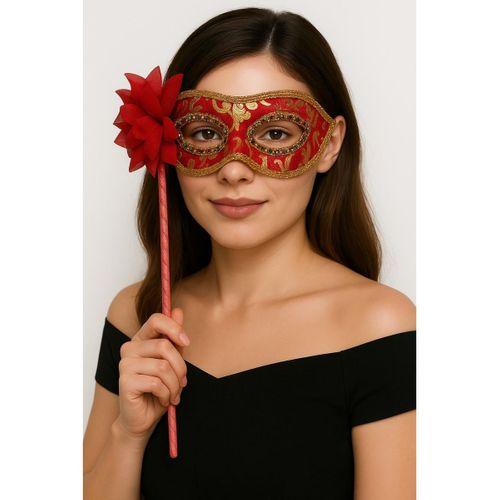 Lüks Taşlı Saplı Maskeli Balo Maskesi Kırmızı Renk 35 cm (3748)