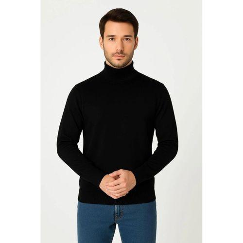 Erkek Yarım Boğaz Triko Kazak Yumuşak Dokulu Pamuklu Ince Dokuma, Uzun Kollu Rahat Regular Kalıp - Siyah