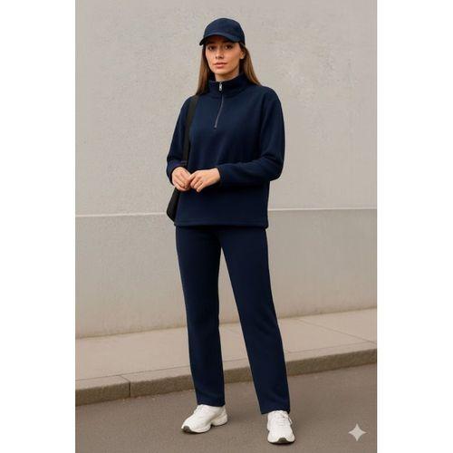 Kadın Balıkçı Yaka Fermuar Detay Polar Sweat Ve Pantolon Ikili Takım