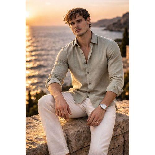 Nefes Alabilir Yarım Oversize Müslin Kumaş Uzun Kol Yakalı Erkek Gömlek - Açık Haki