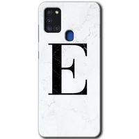 Potkal Hediye Fabrikası Samsung Galaxy A21s Kılıf HD Desen Baskılı Arka Kapak - Beyaz Mermer Desenli E Harfi