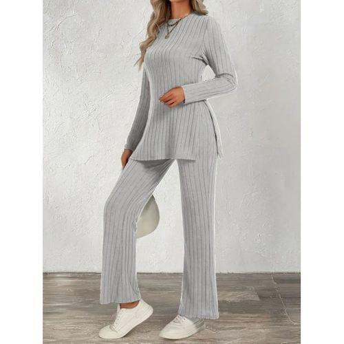 Kadın Uzun Kollu Bisiklet Yaka Yandan Yırtmaçlı şardonlu Kaşkorse Bluz Ve Pantolon Ikili Takım