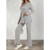 Kadın Uzun Kollu Bisiklet Yaka Yandan Yırtmaçlı şardonlu Kaşkorse Bluz Ve Pantolon Ikili Takım