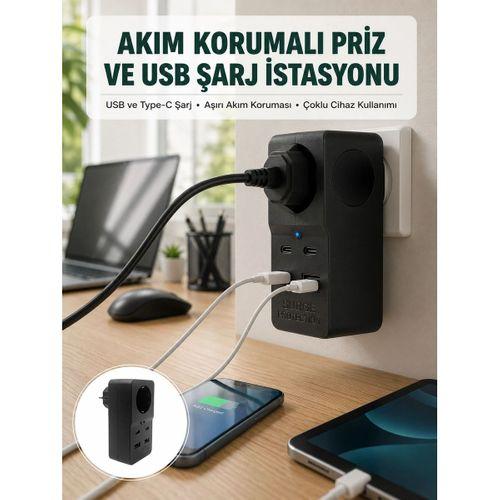 Isıya Dayanıklı Pc Gövdeli Akım Korumalı Priz 4 Usb Yeni Nesil