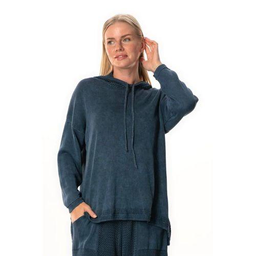Uzun Kol Kapüşonlu Fileli Sonbahar ve Kışlık Triko Bluz İndigo indg