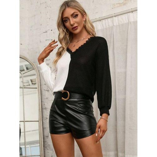 Kadın Uzun Kollu V Yakalı çift Renkli Triko Bluz