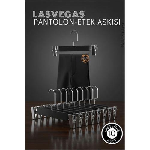 LasVegas  Siyah Ahşap Pantolon ve Etek Askı Seti 10'lu Set, Lüks Amerikan Kancalı