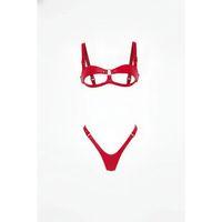 Kırmızı Harness Takım Parlak Deri Açık Kap Sütyen Tanga Set - Brf1382