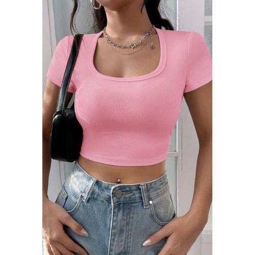 Kadın Pembe Şık Kesim Yarım Kol Crop Bluz