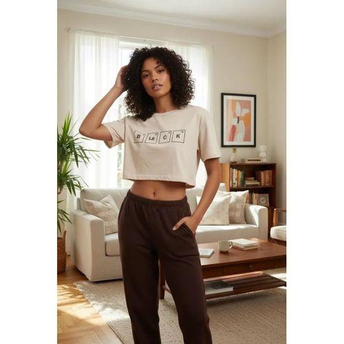 Kadın Kum Kahve Baskılı Crop T-shirt Pantolon Takım Rahat Günlük Spor Şık İkili Set